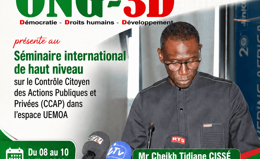ONG 3D présente au Séminaire international de haut niveau sur le Contrôle Citoyen des Actions Publiques et Privées (CCAP) dans l’espace UEMOA Du 08 au 10 juillet 2026 à Bamako, l’ONG 3D prend part au Séminaire international de haut niveau d’apprentissage et de partage des mécanismes du Contrôle Citoyen des Actions Publiques et Privées (CCAP) dans l’espace UEMOA, placé sous le thème : « Cas du contrôle citoyen des budgets d’État et des collectivités territoriales ». Cette rencontre constitue un cadre privilégié d’échanges, de partage d’expériences et de renforcement des capacités des acteurs engagés dans la promotion de la gouvernance participative, de la transparence et de la redevabilité publique. À travers sa participation, l’ONG 3D réaffirme son engagement en faveur d’une citoyenneté active, d’un suivi citoyen efficace des politiques publiques et d’une meilleure implication des communautés dans la gestion des affaires publiques. Ce séminaire représente une importante opportunité de collaboration entre les acteurs de l’espace UEMOA pour renforcer les mécanismes permettant aux citoyens de contribuer au contrôle et à l’amélioration des actions publiques et privées au service du développement durable. #ONG3D #CCAP #UEMOA #GouvernanceCitoyenne #Transparence #Redevabilité #ParticipationCitoyenne