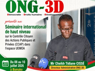 CHEIKH 2 ONG 3D présente au Séminaire international de haut niveau sur le Contrôle Citoyen des Actions Publiques et Privées (CCAP) dans l’espace UEMOA Du 08 au 10 juillet 2026 à Bamako, l’ONG 3D prend part au Séminaire international de haut niveau d’apprentissage et de partage des mécanismes du Contrôle Citoyen des Actions Publiques et Privées (CCAP) dans l’espace UEMOA, placé sous le thème : « Cas du contrôle citoyen des budgets d’État et des collectivités territoriales ». Cette rencontre constitue un cadre privilégié d’échanges, de partage d’expériences et de renforcement des capacités des acteurs engagés dans la promotion de la gouvernance participative, de la transparence et de la redevabilité publique. À travers sa participation, l’ONG 3D réaffirme son engagement en faveur d’une citoyenneté active, d’un suivi citoyen efficace des politiques publiques et d’une meilleure implication des communautés dans la gestion des affaires publiques. Ce séminaire représente une importante opportunité de collaboration entre les acteurs de l’espace UEMOA pour renforcer les mécanismes permettant aux citoyens de contribuer au contrôle et à l’amélioration des actions publiques et privées au service du développement durable. #ONG3D #CCAP #UEMOA #GouvernanceCitoyenne #Transparence #Redevabilité #ParticipationCitoyenne